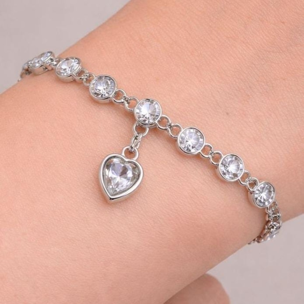 Vintage Swarovski Crystal Bracelet Clear Heart Charm Sterling Silver Overlay